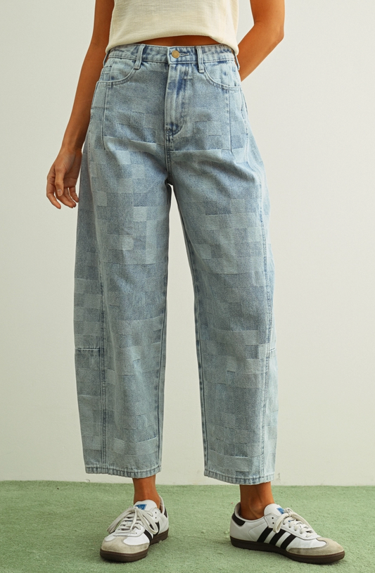 Checker Denim Barrel Jeans