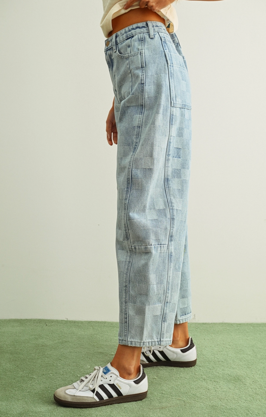 Checker Denim Barrel Jeans
