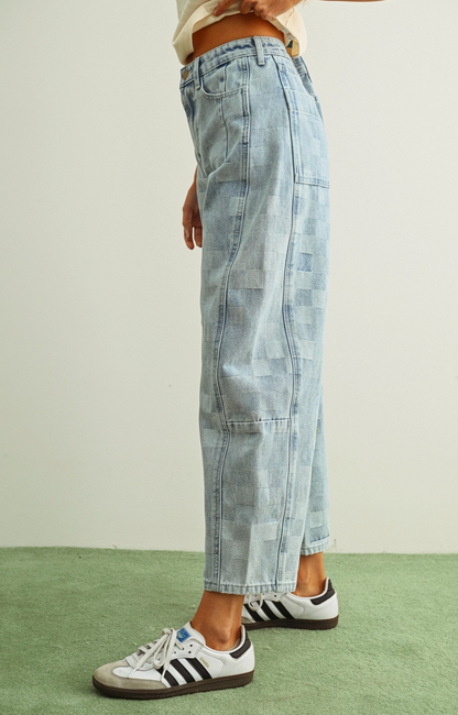 Checker Denim Barrel Jeans