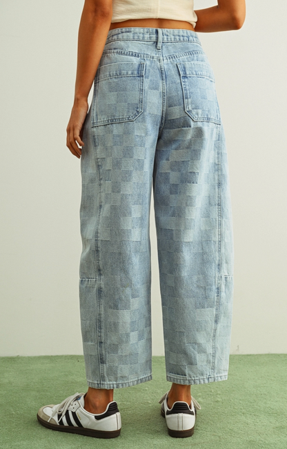Checker Denim Barrel Jeans