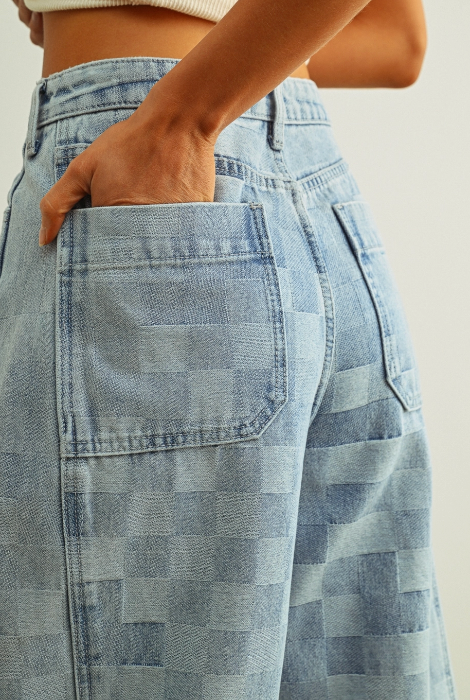 Checker Denim Barrel Jeans